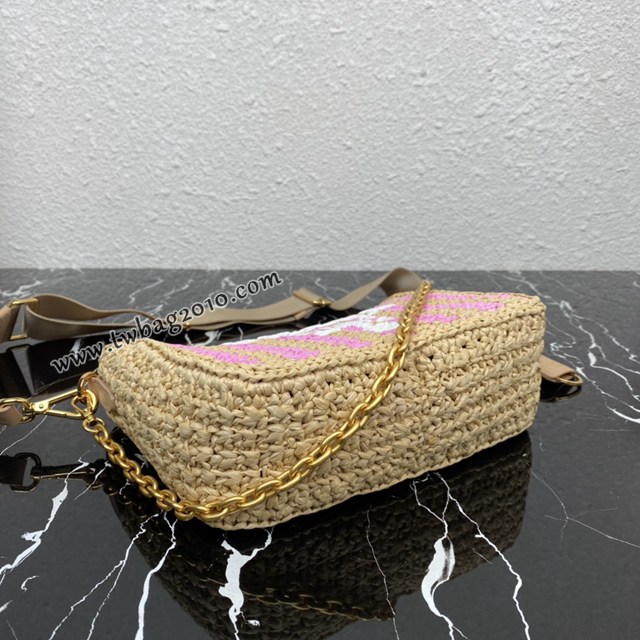 Prada專櫃新款拉菲草三合一女包 1BH204 普拉達純手工編織條紋系列肩背斜挎包 csp1574